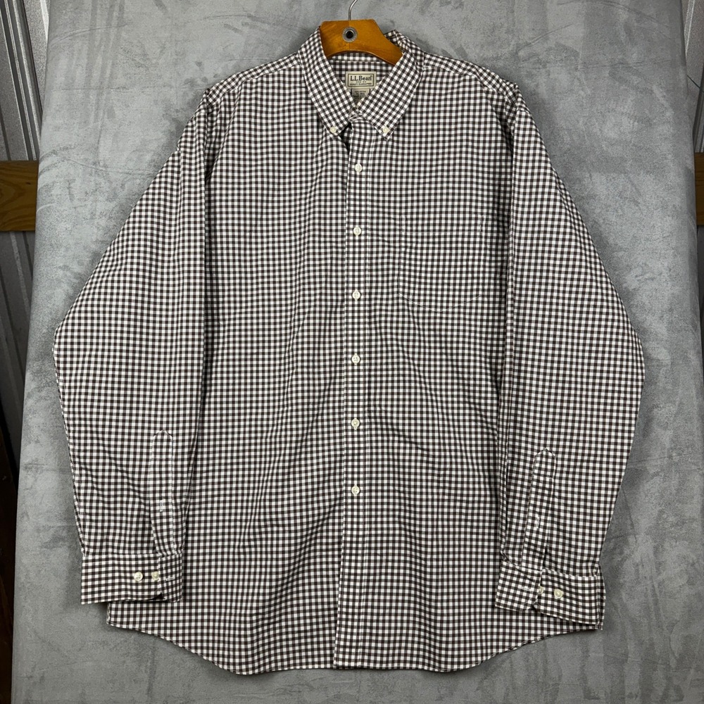 LL Bean Mens XL Regular Gingham Button Down Shirt Brown White Wrinkle Resistant